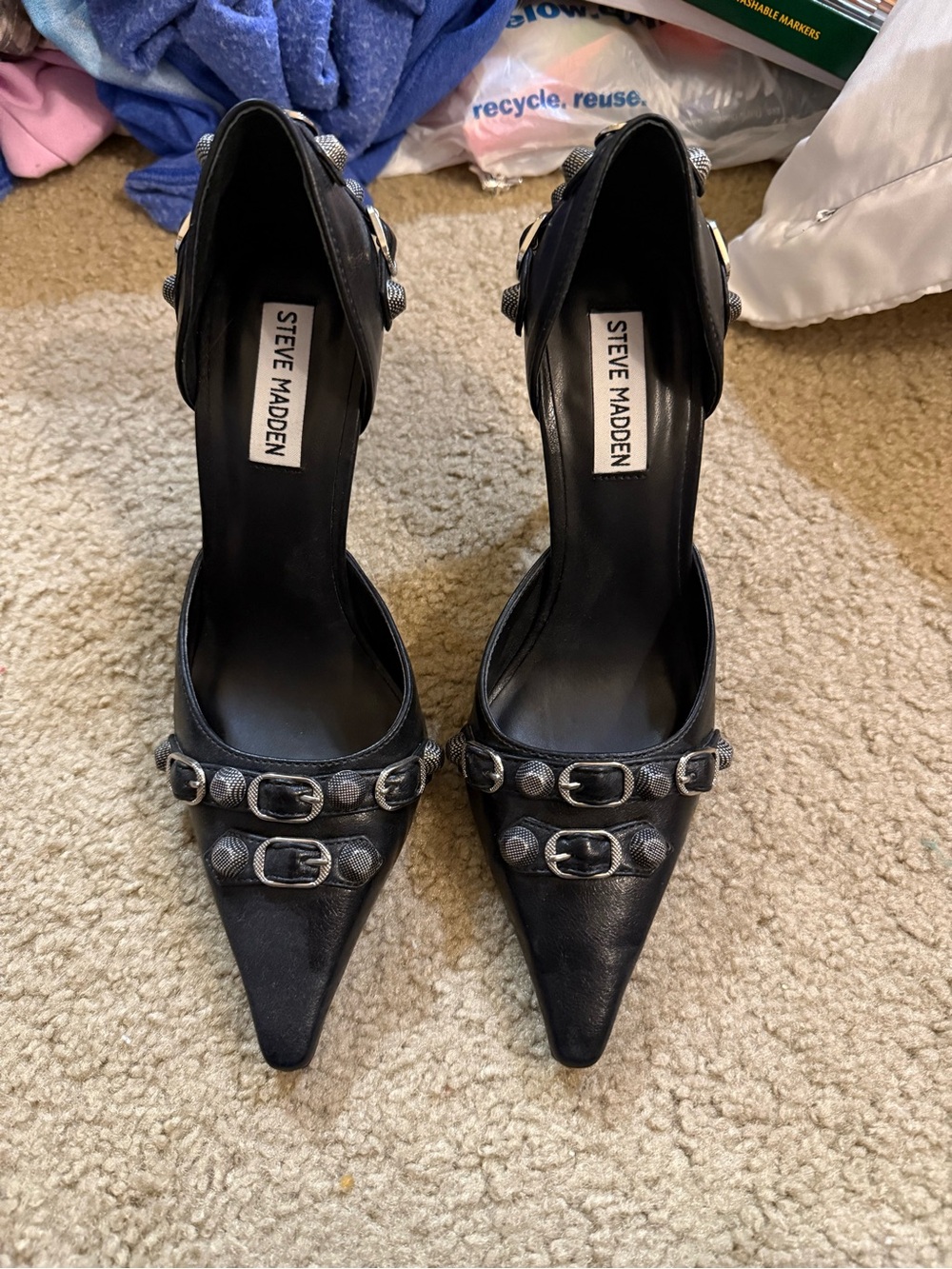 Never Worn Steve Madden Black Pointed Toe Buckle Pumps with Silver Accents